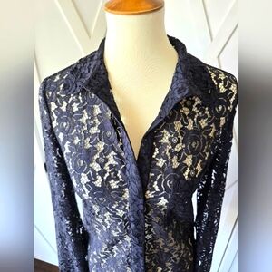 DIANE VON FURSTENBERG Black Nylon Lace Open Collar Blouse